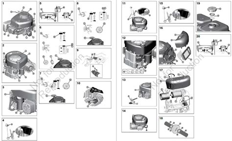 Schéma hlavných komponentov spaľovacieho motora Briggs & Stratton s označením karburátora, zapaľovacej sviečky a vzduchového filtra