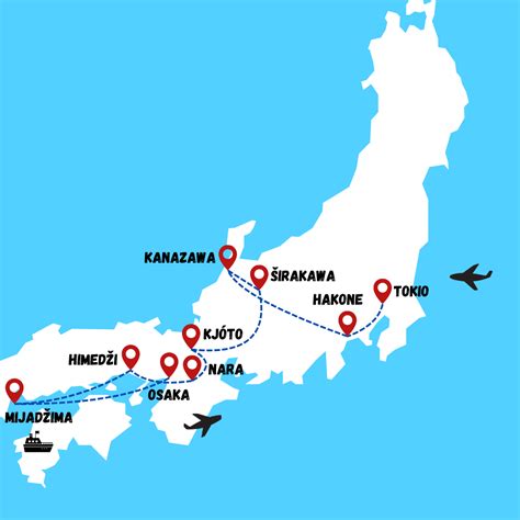 Mapa Japonska so zvýraznenými mestami koncertného turné Báry Zmekovej