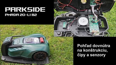 Schéma robotickej kosačky s vyznačenými kľúčovými komponentmi (motor, batéria, kolesá, nože, senzory)