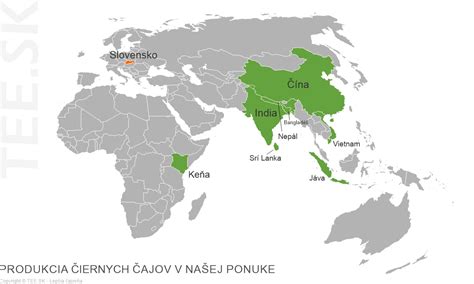 Mapa: Hlavné svetové oblasti produkcie čaju
