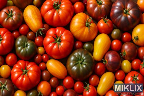 Rozmanitosť odrôd paradajok - koláž plodov rôznych tvarov a farieb