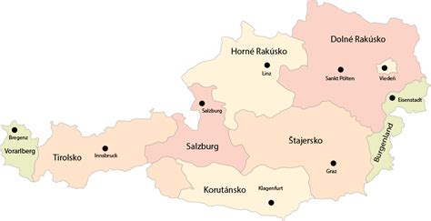 Mapa vinárskych oblastí Rakúska s vyznačením regiónov pre červené vína