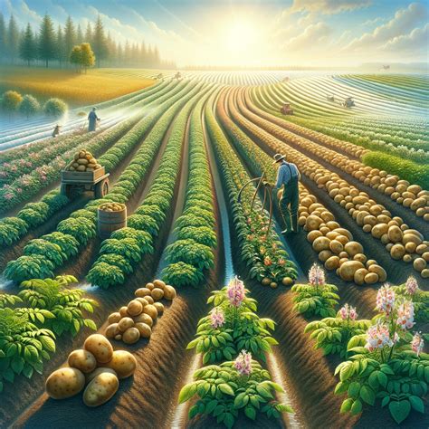 Ilustrácia procesu prihrňovania pôdy okolo rastlín zemiakov.