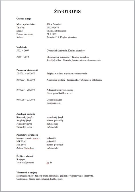 Schéma: Štruktúra ideálneho životopisu manažéra predajne
