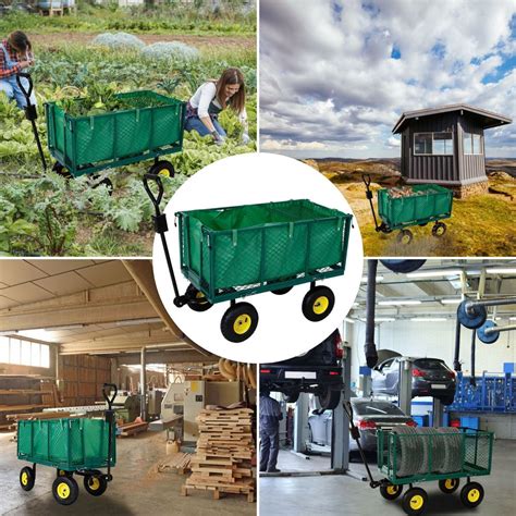 Detailný záber na robustný kovový záhradný vozík s nafukovacími kolesami v záhradnom prostredí