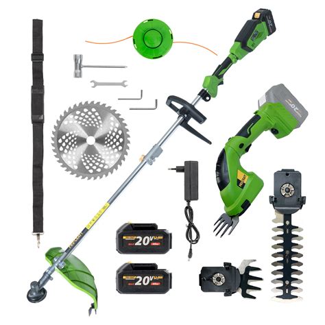 ilustrácia rôznych záhradných nástrojov Extol, ako sú kosačka, krovinorez a nožnice na živý plot, všetky napájané jedným typom batérie