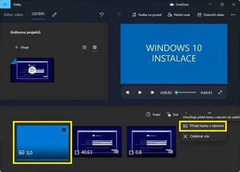 Ukážka časovej osi v Editore Videa (Windows 10).