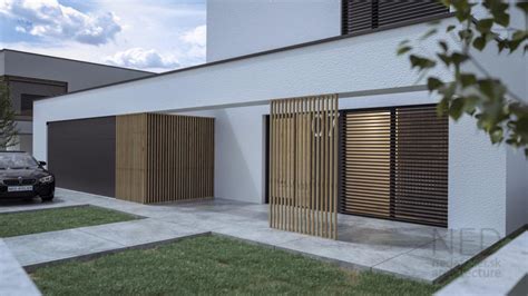 Vizualizácia moderného vstupu do domu s drevenými prvkami