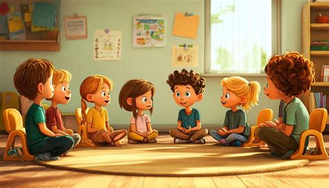 Ilustrácia zobrazujúca dieťa, ktoré sa cíti neisto pred skupinou iných detí.