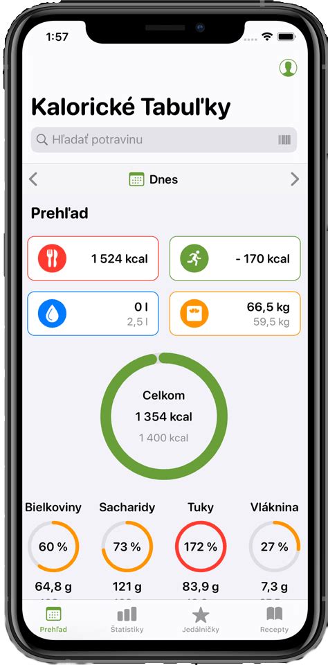 Príklad rozhrania kalorických tabuliek s grafom nutričných hodnôt