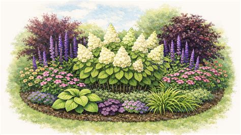 Záhon s hortenziami metlinatými rôznych kultivarov v čase plného kvitnutia