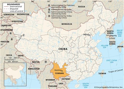 Mapa hlavných čajových oblastí Číny s vyznačením provincie Yunnan