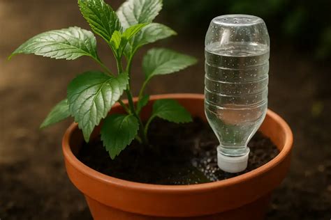 Schéma umiestnenia PET fľaše s kvapkacím ventilom v kvetináči