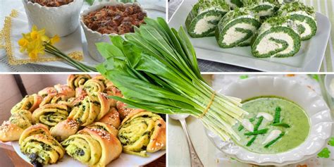 Koláž zelených jedál s cuketou a medvedím cesnakom