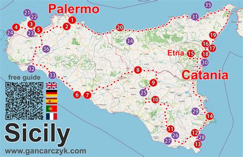 Mapa Sicílie s vyznačenými citrónovými sadmi