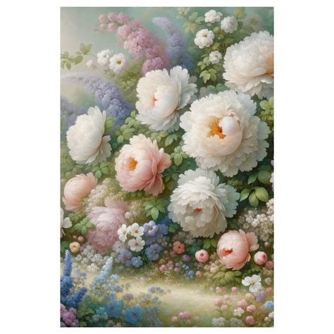 Ilustrácia rôznych odrôd bielych pivoniek s rôznou výškou kvetov.