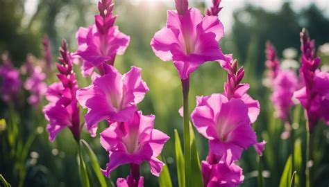 Rôzne druhy a farby gladiol v záhrade