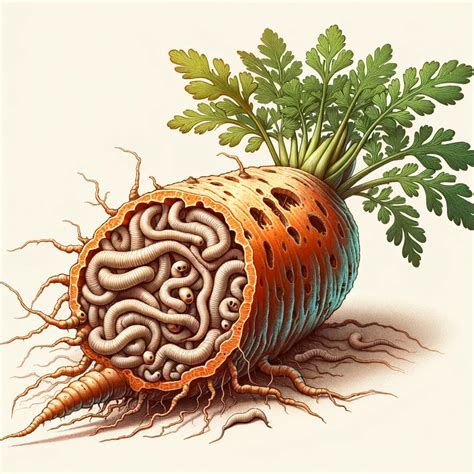 Detailný pohľad na poškodený koreň mrkvy larvami mrkvovej mušky