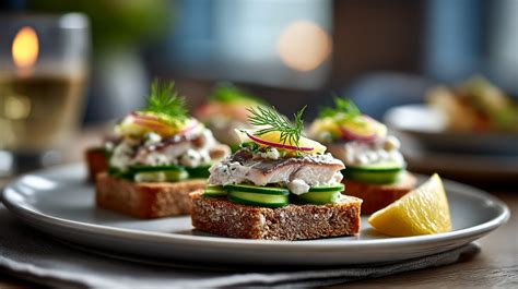 Fotografia rôznych druhov Smørrebrød s čerstvými ingredienciami