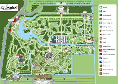 Schéma areálu parku Keukenhof s vyznačenými pavilónmi a záhonmi