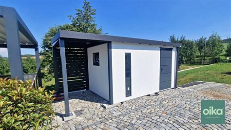 Render väčšieho záhradného domčeka GARDENKUS s prístreškom v antracitovej farbe