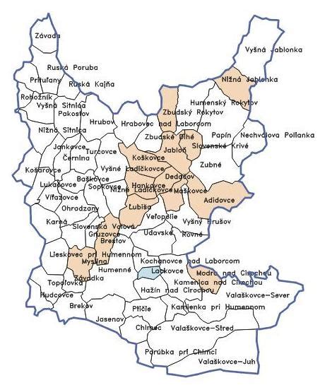 Mapa okresu Humenné s vyznačenou obcou Jabloň