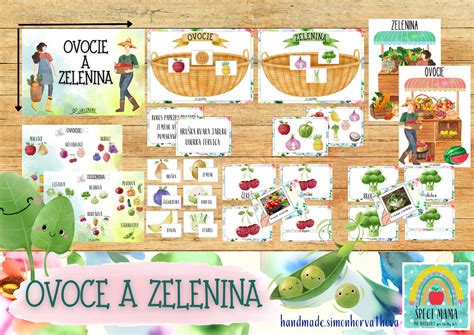 Ukážky rôznych typov pracovných listov pre deti (počítanie ovocia, triedenie zeleniny, obťahovanie čiar).