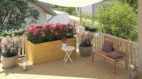 Ilustračný obrázok rôznych typov kvetináčov a hrantíkov na balkóne.