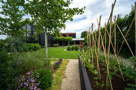 Záhrada plná bielych kvitnúcich kríkov a stromov