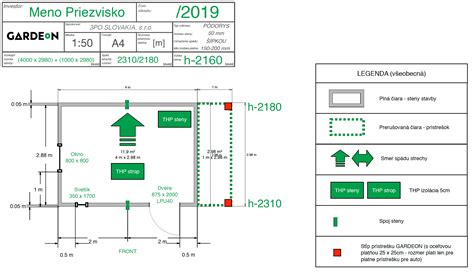 Schéma pôdorysu záhradného domčeka s vyznačenými rozmermi a vnútorným usporiadaním