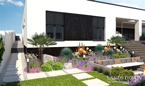 Príklad modernej záhrady s geometrickými tvarmi, kameňom a minimalistickou výsadbou