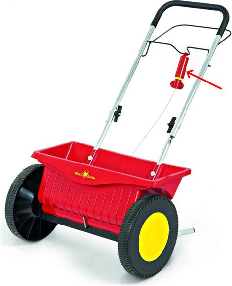Technický nákres sypacieho vozíka WOLF-Garten WE 430 s detailom mechanizmu Štart-Stop