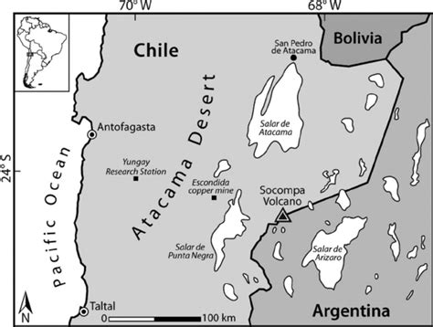 Mapa púšte Atacama so zvýraznením historických ťažobných oblastí liadku