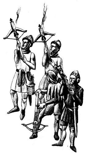 Historická ilustrácia obliehania s použitím zápalných šípov