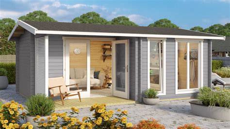 Moderný záhradný domček v exteriéri s prístavbou