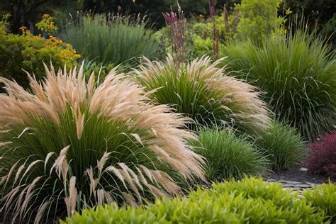 Záhon v harmonických farbách s rozkvitnutými kvetmi a okrasnými trávami