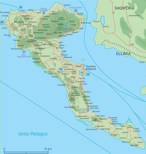 Satelitná mapa ostrova Korfu s vyznačenými olivovými hájmi