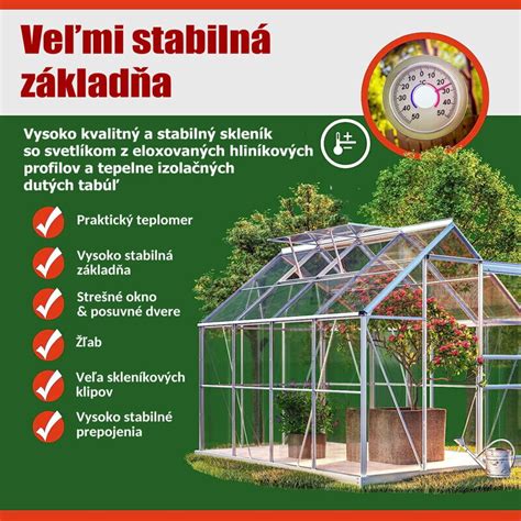 Schéma záhradného skleníka s označením konštrukčných častí a izolačných vlastností polykarbonátu