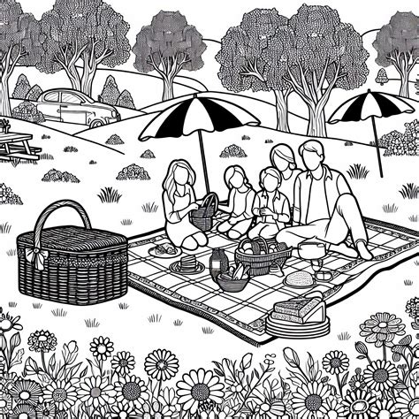 Ilustrácia rodiny užívajúcej si piknik v parku s košíkom plným jedla.