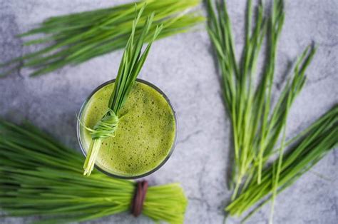 fotografia čerstvej zeleninovej šťavy s mladým jačmeňom