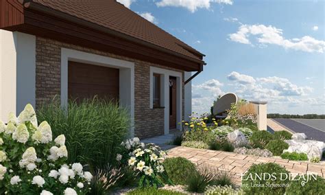 Príklad dizajn predzáhradky s rôznymi druhmi rastlín.