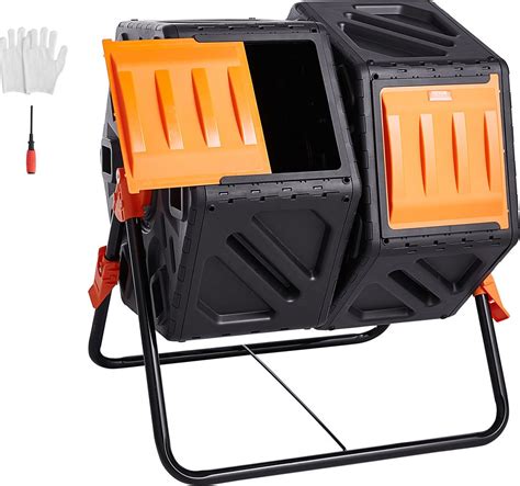 Viacero pohľadov na kompostovací zásobník VEVOR, vrátane detailov komôr a mechanizmu otáčania