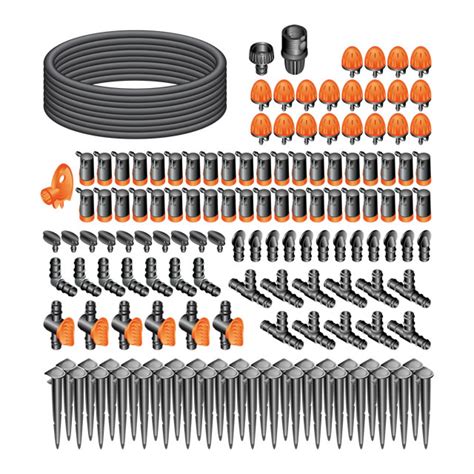 Koláž rôznych komponentov kvapkovej závlahy: hadice, kvapkovače, filtre, spojky