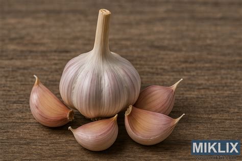 Ilustračná fotografia cibule cesnaku Dukát s bielymi sukňami a viditeľnými strúčikmi