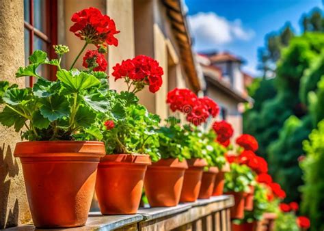 Thematic photo of vibrant, healthy geraniums blooming profusely on a balcony