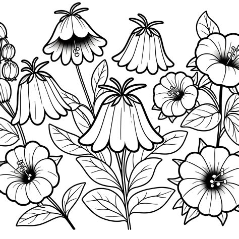 Detailná kresba zvončekov pripravená na vyfarbenie.