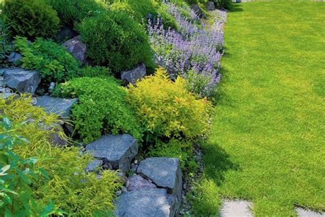 Záhrada s rôznymi úsekmi mulčovanými dekoračnou kôrou rôznych farieb a veľkostí.