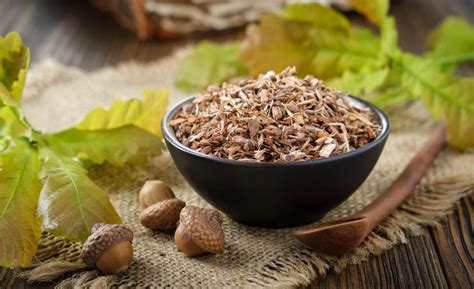 Infografika zobrazujúca zloženie dubovej kôry a ich účinky.