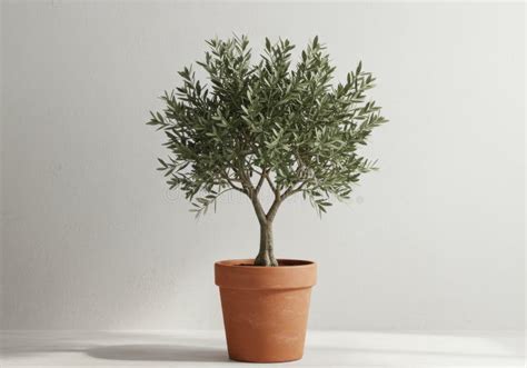 Photo of an olive tree in a terracotta pot surrounded by various Mediterranean herbs like rosemary and thyme