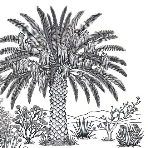 Ilustrácia datľovej palmy s plodmi